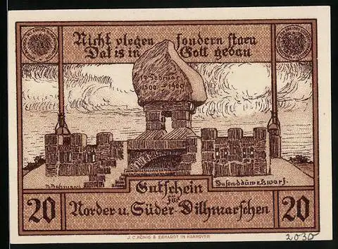 Notgeld Norder - und Süder-Dithmarschen, 20 Pfennig, Siegel, Festungsmauern und -turm