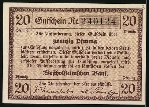 Notgeld Norder - und Süder-Dithmarschen, 20 Pfennig, Siegel, Festungsmauern und -turm