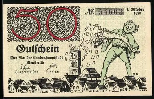 Notgeld Neustrelitz 1920, 50 Pfennig, Mann verteilt Notgeld über der Stadt