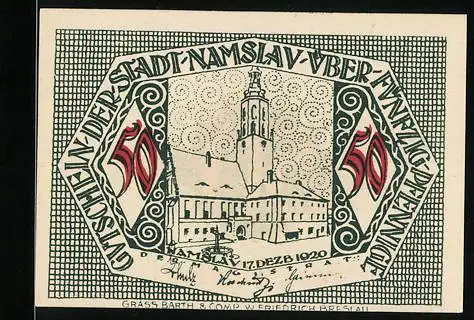 Notgeld Namslau 1920, 50 Pfennig, Rathaus