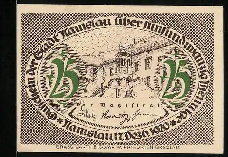 Notgeld Namslau 1920, 25 Pfennig, Blick auf das Rathaus