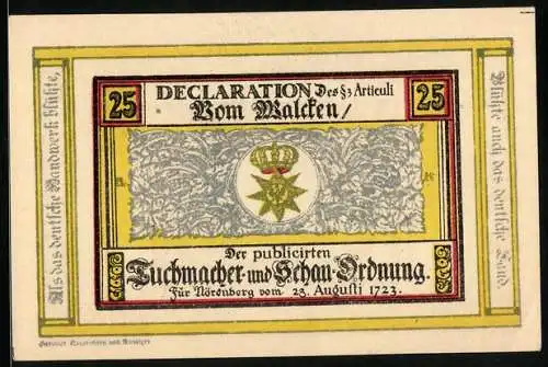 Notgeld Nörenberg 1921, 25 Pfennig, Declaration des §3 Articuli der publizierten Tuchmacher- und Schau-Ordnung 1723