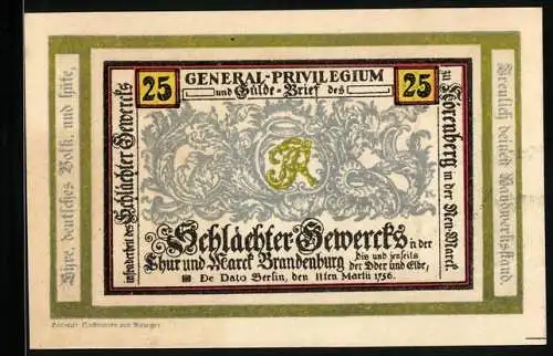 Notgeld Nörenberg 1921, 25 Pfennig, General-Privilegium und Gulde-Brief des Schaechter-Gewerks in der Marck Brandenburg
