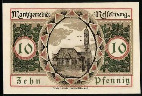 Notgeld Nesselwang 1918, 10 Pfennig, Kirche, Wappen