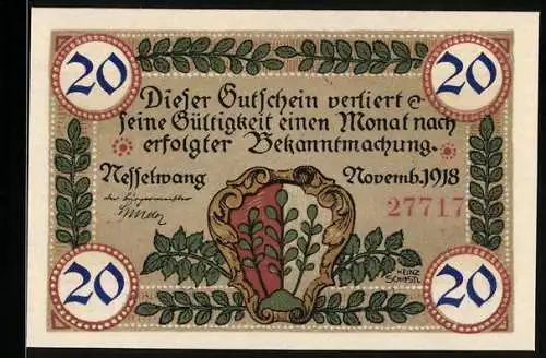 Notgeld Nesselwang 1918, 20 Pfennig, Kirche, Wappen
