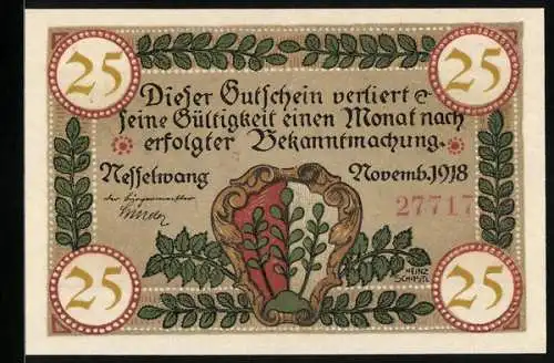 Notgeld Nesselwang 1918, 25 Pfennig, Kirche, Wappen