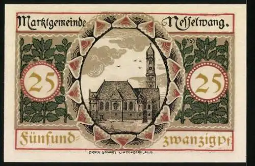 Notgeld Nesselwang 1918, 25 Pfennig, Kirche, Wappen