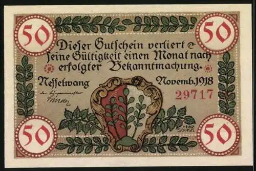 Notgeld Nesselwang 1918, 50 Pfennig, Kirche, Wappen
