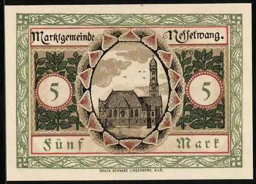 Notgeld Nesselwang 1918, 5 Pfennig, Kirche, Wappen