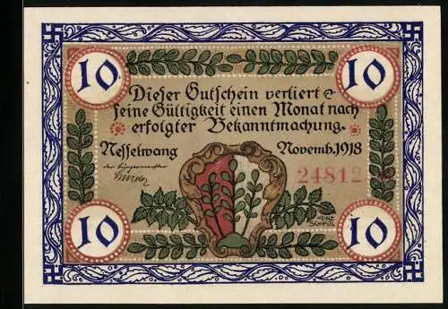Notgeld Nesselwang 1918, 10 Pfennig, Kirche, Wappen