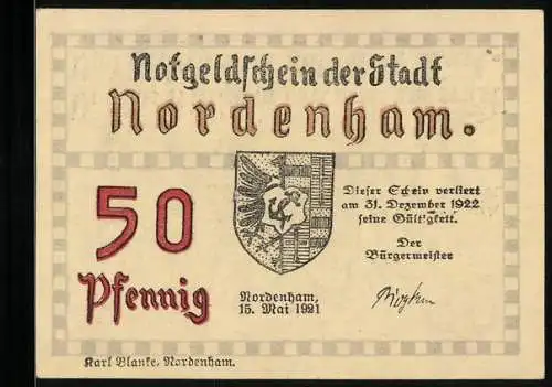 Notgeld Nordenham 1922, 50 Pfennig, Kirche, Wappen