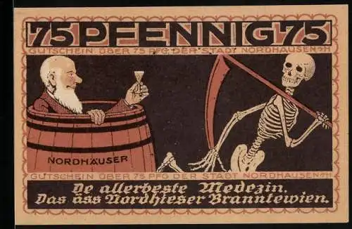 Notgeld Nordhausen a. H., 75 Pfennig, Tod läuft vor Mann im Fass weg, Wappen