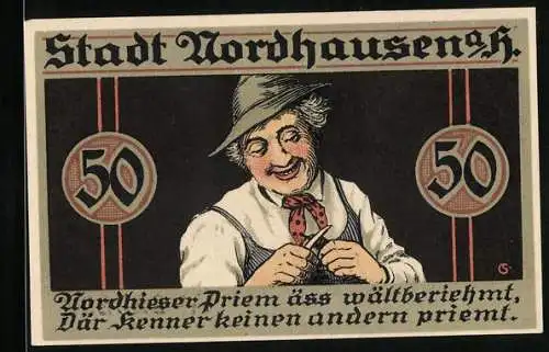 Notgeld Nordhausen 1921, 50 Pfennig, Mann am Schnitzen, Wappen