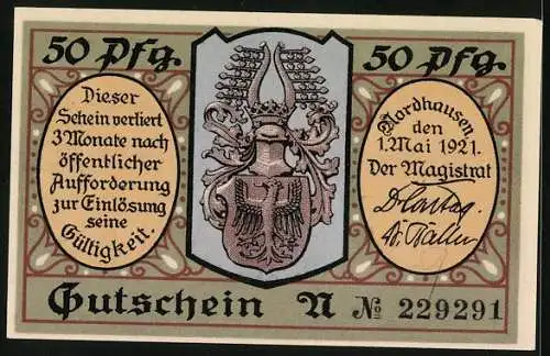 Notgeld Nordhausen 1921, 50 Pfennig, Mann am Schnitzen, Wappen