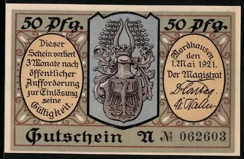 Notgeld Nordhausen 1921, 50 Pfennig, Mann am Schnitzen, Wappen