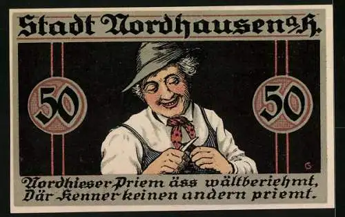 Notgeld Nordhausen 1921, 50 Pfennig, Mann am Schnitzen, Wappen