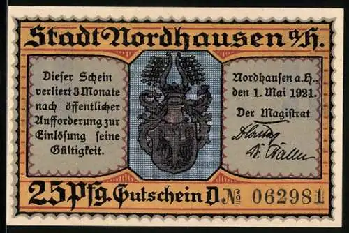 Notgeld Nordhausen 1921, 25 Pfennig, Stadtwappen