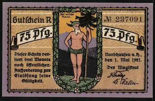 Notgeld Nordhausen a. H. 1921, 75 Pfennig, Stadtsilhouette mit Tannen