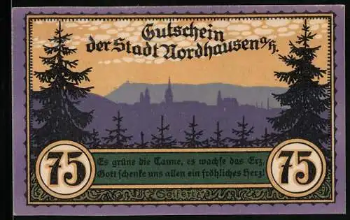 Notgeld Nordhausen a. H. 1921, 75 Pfennig, Stadtsilhouette mit Tannen