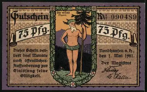 Notgeld Nordhausen a. H. 1921, 75 Pfennig, Stadtsilhouette mit Tannen