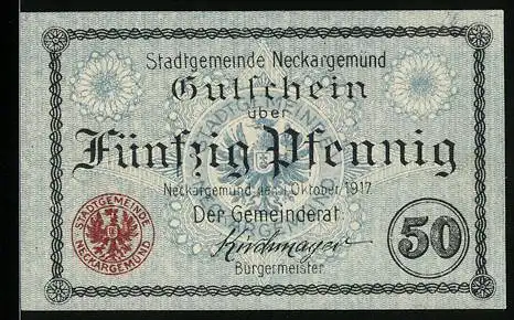 Notgeld Neckargemünd 1917, 50 Pfennig, Stadtwappen im Hintergrund