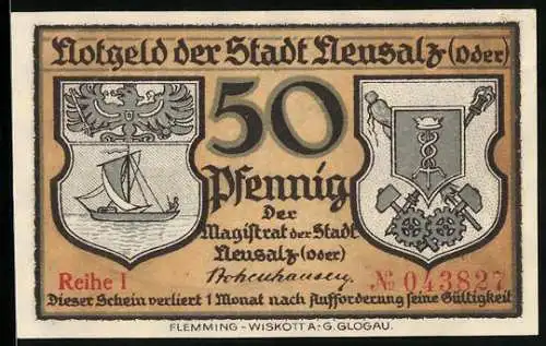Notgeld Neusalz /Oder, 50 Pfennig, Die Hafeneinfahrt