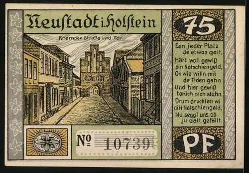 Notgeld Neustadt i. Holstein, 75 Pfennig, Der grosse Brand von 1817, Kremper Strasse und Tor