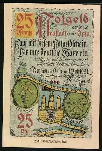 Notgeld Neustadt a. d. Orla 1921, 25 Pfennig, Partie am Rathaus
