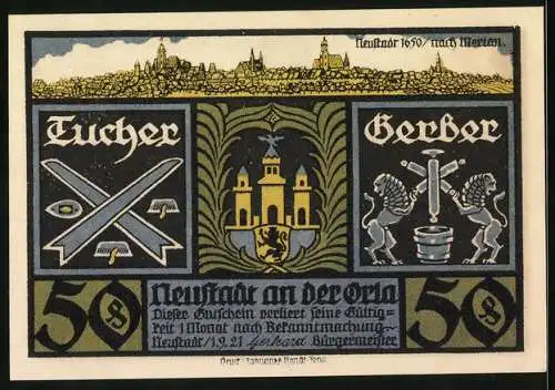 Notgeld Neustadt a. d. Orla 1921, 50 Pfennig, Wucherer wird bestraft