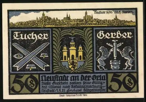 Notgeld Neustadt a. d. Orla 1921, 50 Pfennig, Tuchknappe und Gerber um 1500