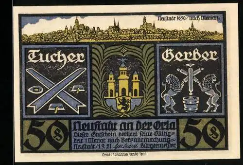 Notgeld Neustadt a. d. Orla 1921, 50 Pfennig, Johann Friedrich der Grossmütige am Teich, 1552