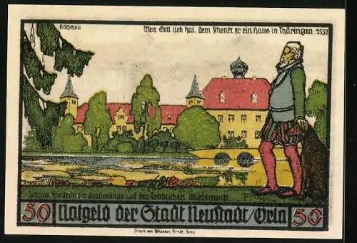 Notgeld Neustadt a. d. Orla 1921, 50 Pfennig, Johann Friedrich der Grossmütige am Teich, 1552