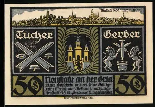 Notgeld Neustadt a. d. Orla 1921, 50 Pfennig, Einzug des sächs. Banners
