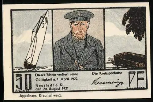 Notgeld Neustadt a. R. 1921, 50 Pfennig, Segelboot am Weissen Berg