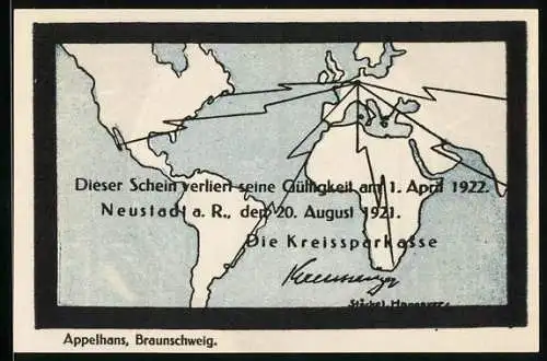 Notgeld Neustadt a. R. 1921, 50 Pfennig, Weltkarte