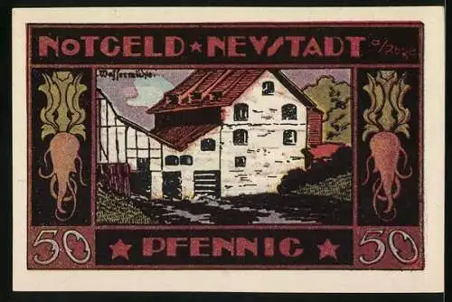Notgeld Neustadt a. Rbge. 1921, 50 Pfennig, Partie an der Wassermühle
