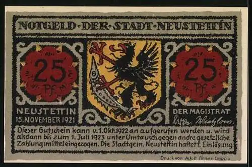 Notgeld Neustettin 1921, 25 Pfennig, Die Bismarckwarte