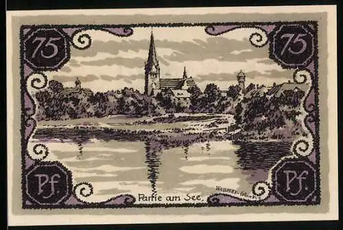 Notgeld Neustettin 1921, 75 Pfennig, Seepartie mit Blick zur Kirche