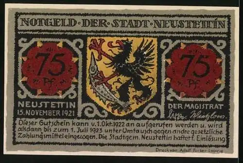 Notgeld Neustettin 1921, 75 Pfennig, Seepartie mit Blick zur Kirche