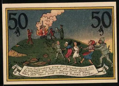 Notgeld Neustettin 1921, 50 Pfennig, Hexen werden auf dem Galgenberg verbrannt