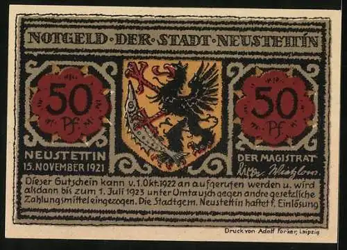 Notgeld Neustettin 1921, 50 Pfennig, Hexen werden auf dem Galgenberg verbrannt