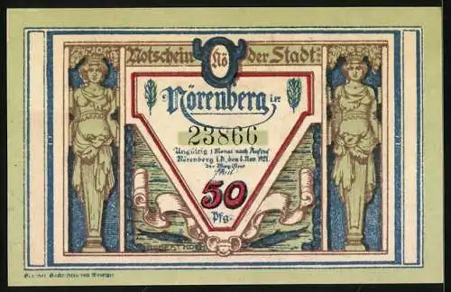Notgeld Nörenberg 1921, 50 Pfennig, Frau und riesiger Hummer