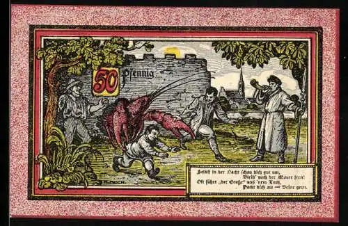 Notgeld Nörenberg 1921, 50 Pfennig, Hummer kommt aus der Stadtmauer