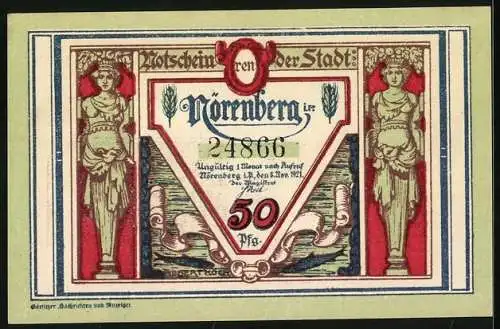 Notgeld Nörenberg 1921, 50 Pfennig, Hummer kommt aus der Stadtmauer