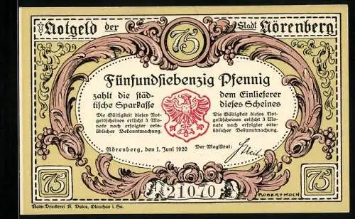 Notgeld Nörenberg 1920, 75 Pfennig, Die Stadt am Enzigsee