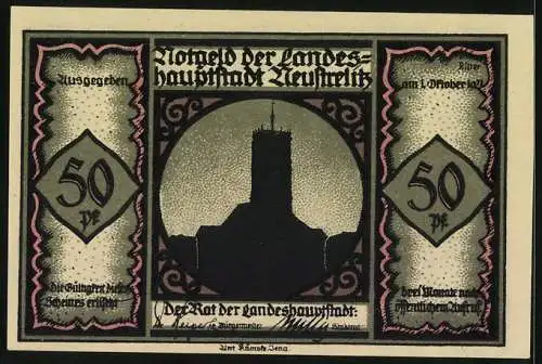 Notgeld Neustrelitz 1921, 50 Pfennig, Kägebein und Korlin Dorimene bei Dörchläuchting