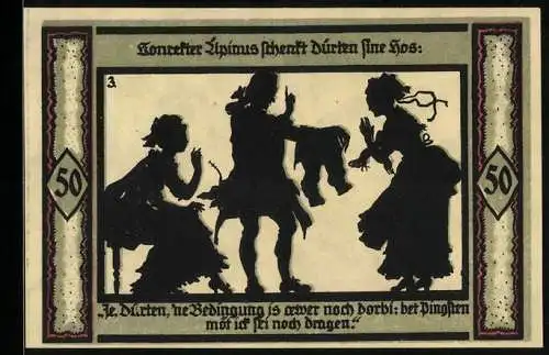 Notgeld Neustrelitz 1921, 50 Pfennig, Konrekter Äpinus verschenkt seine Hose