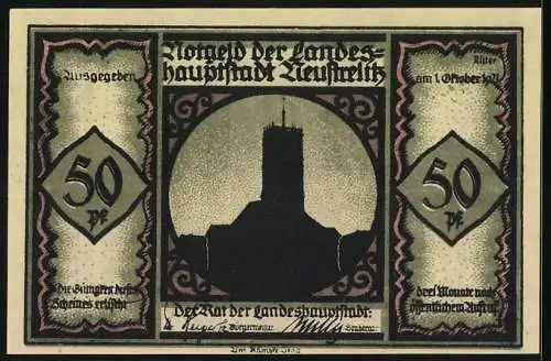 Notgeld Neustrelitz 1921, 50 Pfennig, Konrekter Äpinus verschenkt seine Hose