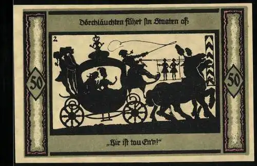 Notgeld Neustrelitz 1921, 50 Pfennig, Dörchläuchten und sein Hofstaat in der Kutsche