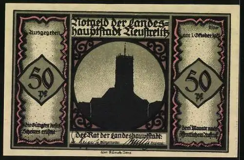 Notgeld Neustrelitz 1921, 50 Pfennig, Dörchläuchten und sein Hofstaat in der Kutsche